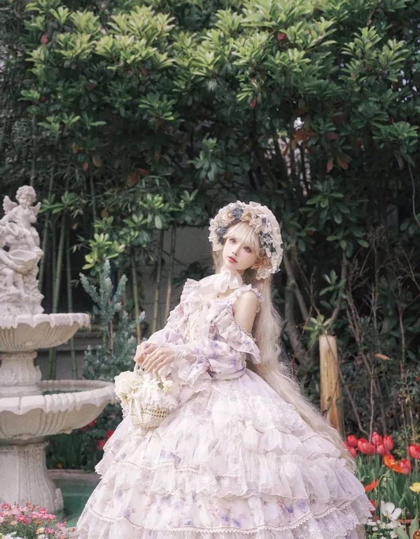 Styling inspiration and outfit coordination guide for enchanted garden lolita jsk dress showing recommended accessories including mary jane shoes, lace gloves, headpiece and traditional lolita pairing