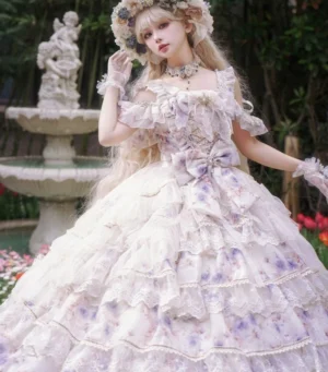 Three-quarter front angle of purple floral lolita jumper skirt with front waist bow, ruffled off-shoulder sleeves, vintage necklace and coordinating gloves with tiered lace-trimmed skirt