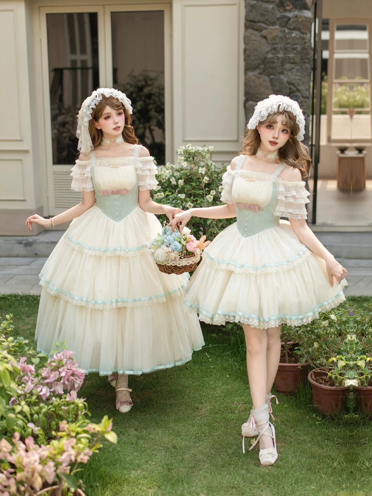Lolita JSK dress tiered tulle hem layer design and mint green ribbon trim detail close-up