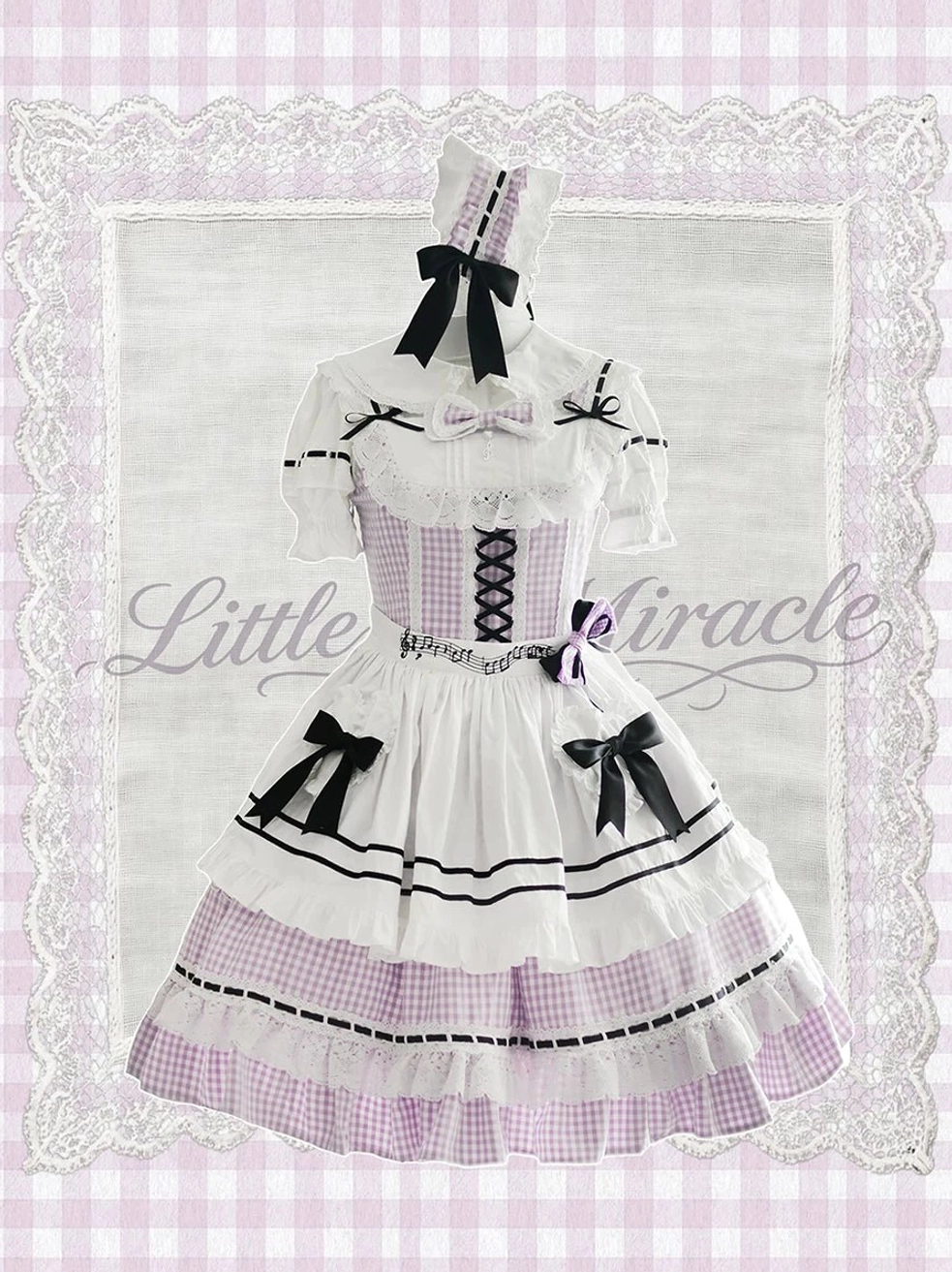 Classic Lolita JSK dress with white apron overlay dual black bows layered ruffled gingham skirt and decorative headpiece