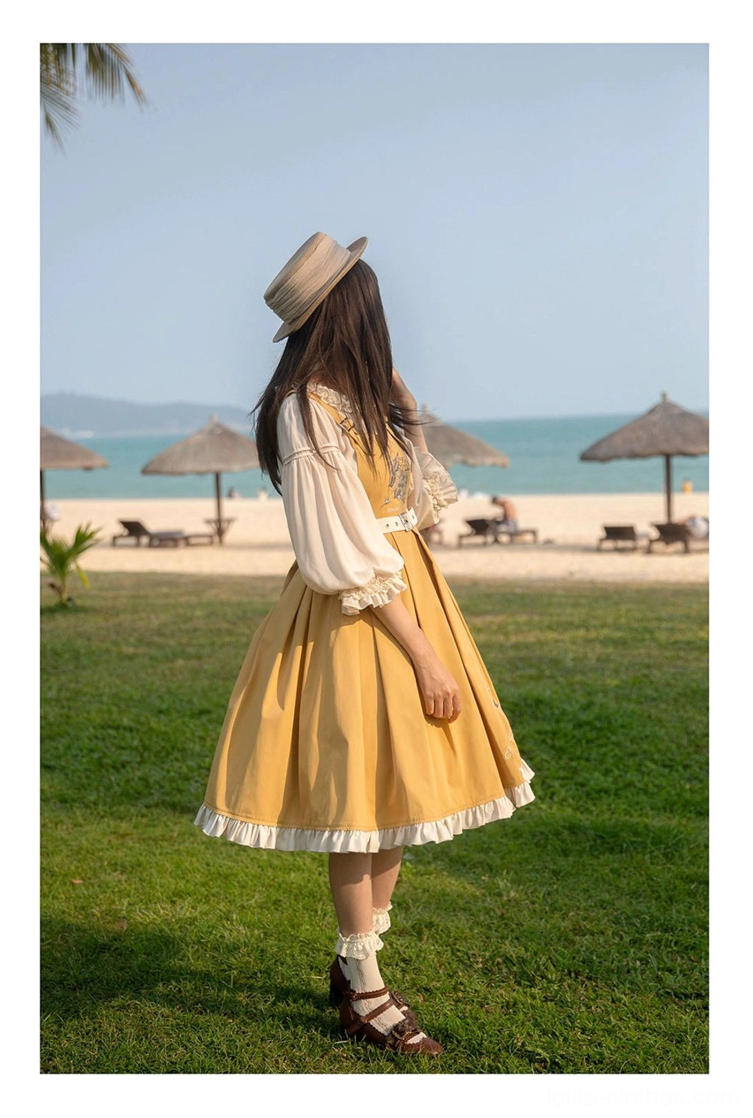 Bird embroidery Lolita JSK dress fabric detail showing twill blended material texture construction quality close-up