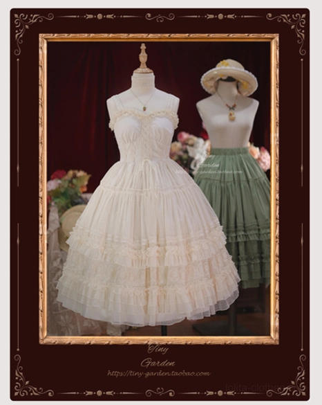 Lolita JSK dress fabric material swatch and texture detail display showing cotton polyester tulle lace trim construction quality and durability of different color variants