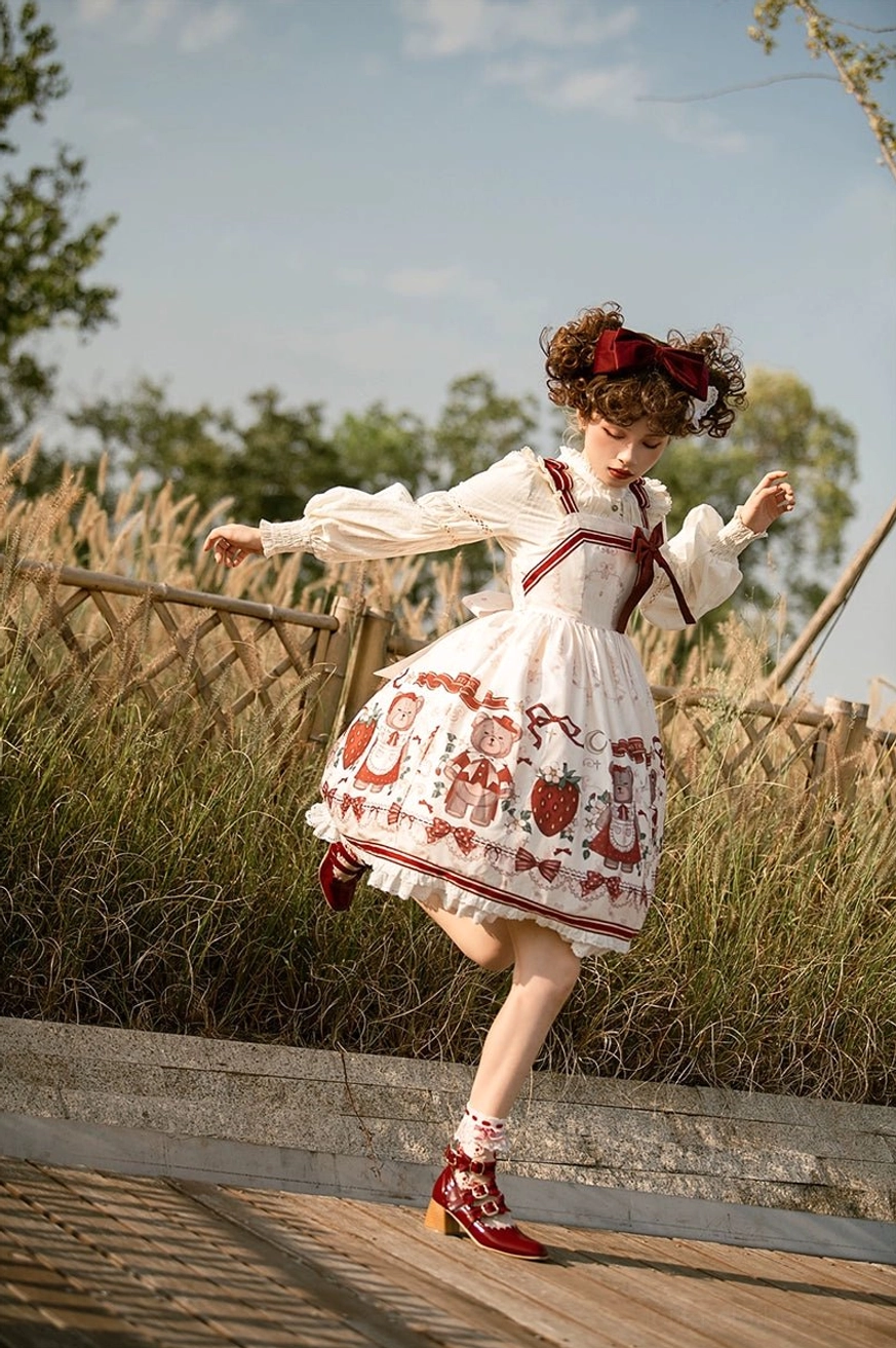 lolita jsk dress fabric texture detail ivory base strawberry bear prints embroidered elements quality craftsmanship