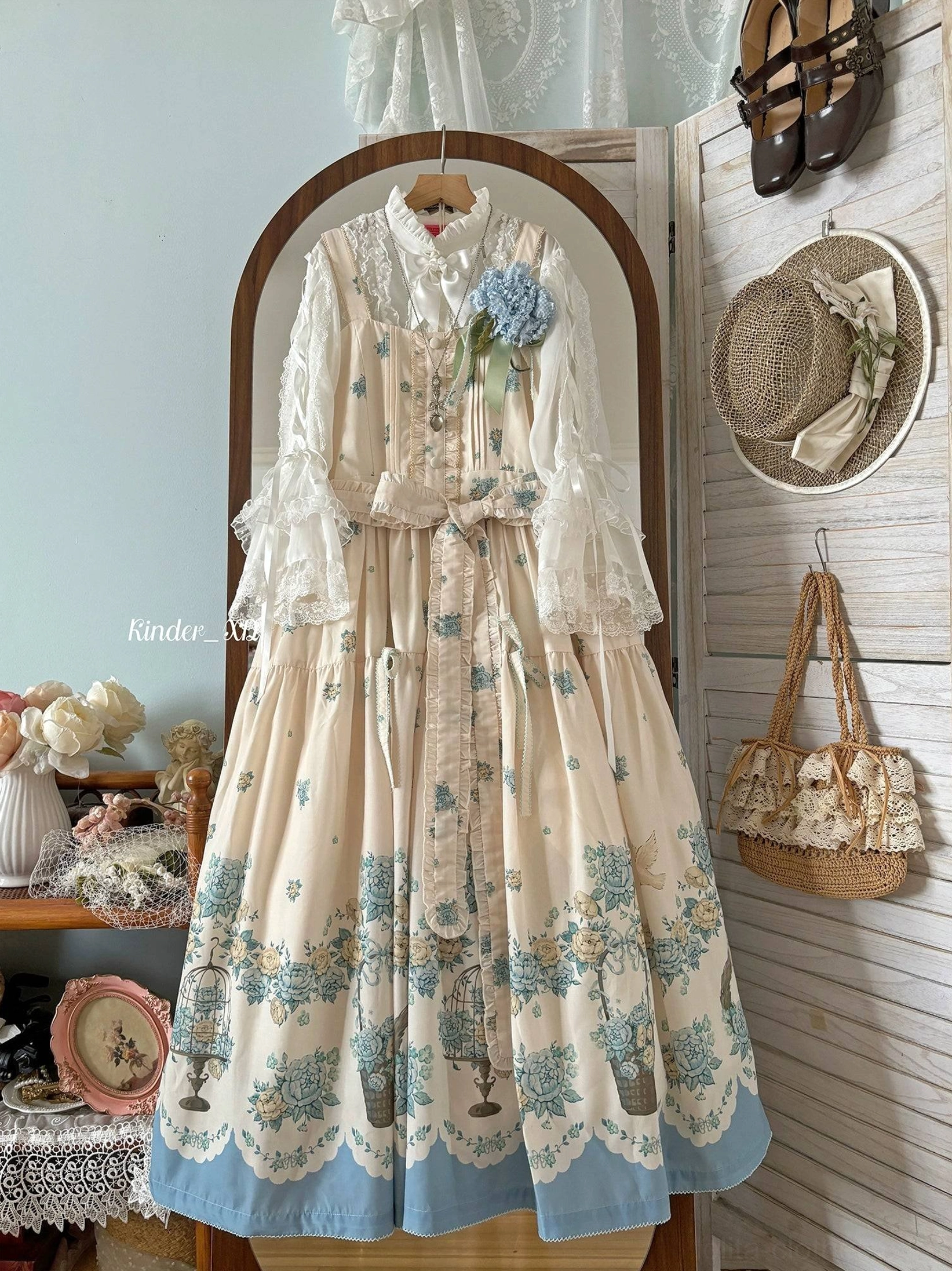 Classic lolita jsk dress detail view showing fabric texture, print quality, and construction craftsmanship of floral botanical design