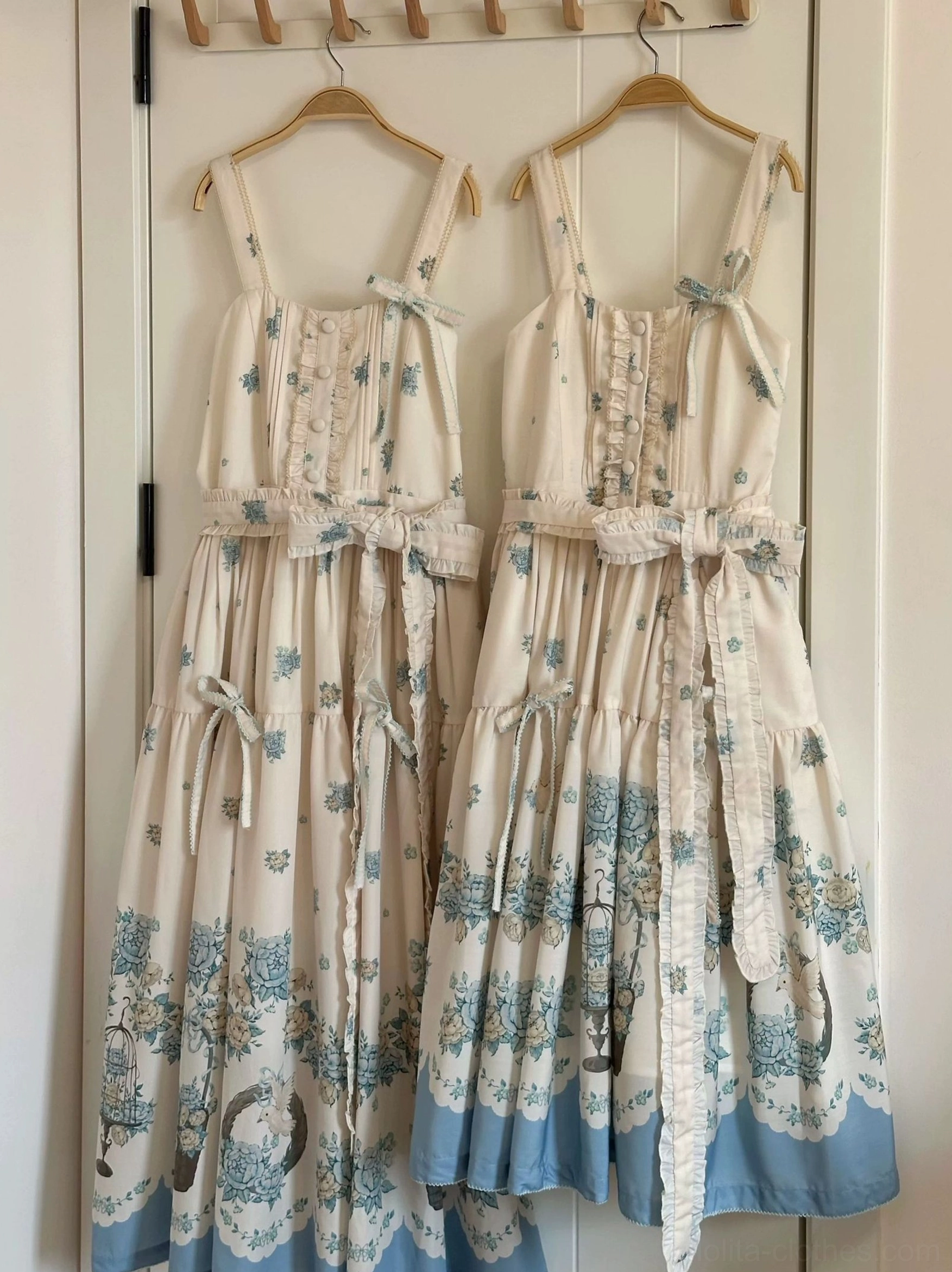 Classic lolita jsk floral print dress full layout display on flat surface, cream base botanical garden pattern, design overview