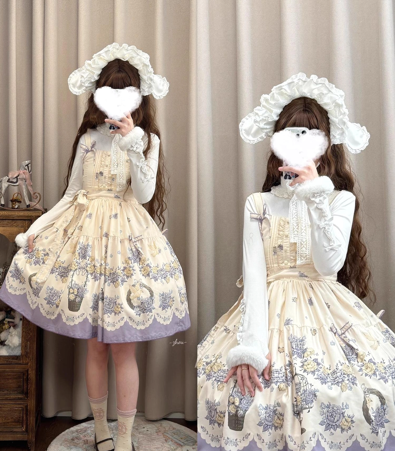 Classic lolita jsk floral print design botanical garden theme artistic rendering, vintage-inspired pattern