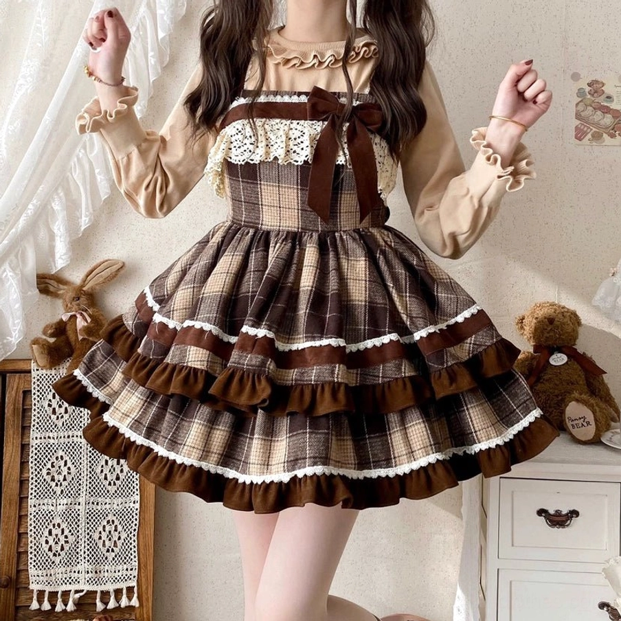 Front close-up chest detail caramel cocoa sweet lolita dress lace panel bodice brown velvet bow chain collar accent