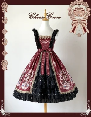 Star Drop Ceremony elegant Lolita JSK dress front full view square neckline black ruffled edges gold trim layered tulle skirt