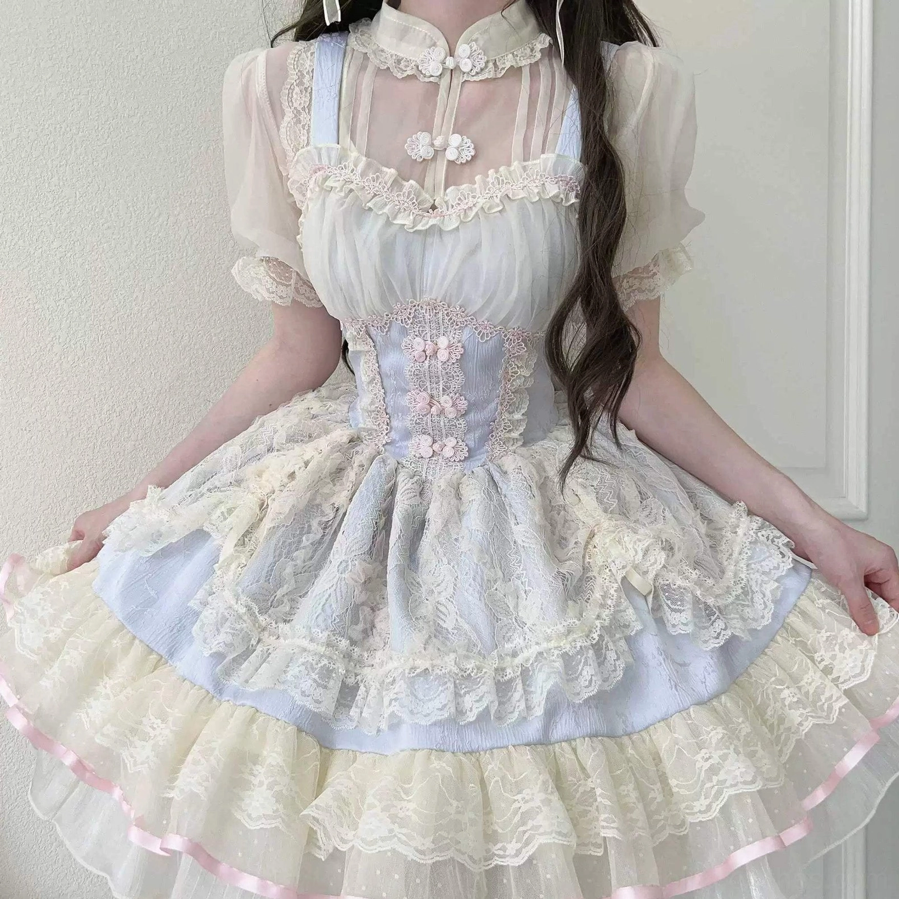 Jacquard chiffon innerwear blouse for lolita jsk dress with delicate lace collar and buckle accent detail