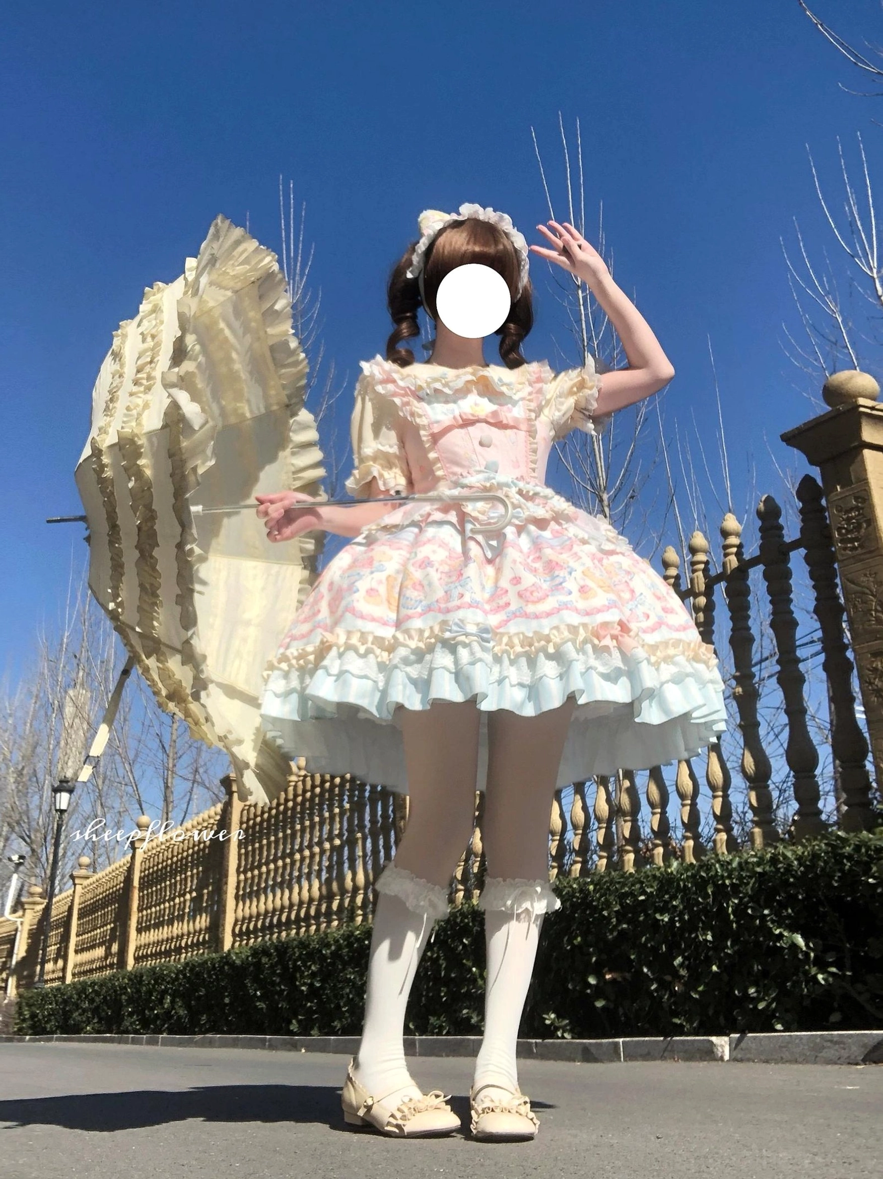 Lolita jsk jumper skirt print detail close-up dessert motif cat themed fabric pattern