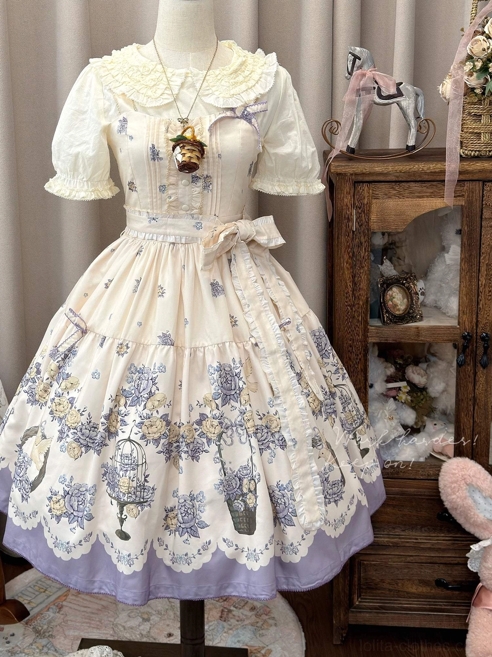 Lolita jsk dress model styling inspiration full-body pose, floral print jumper skirt ensemble, victorian romance aesthetic
