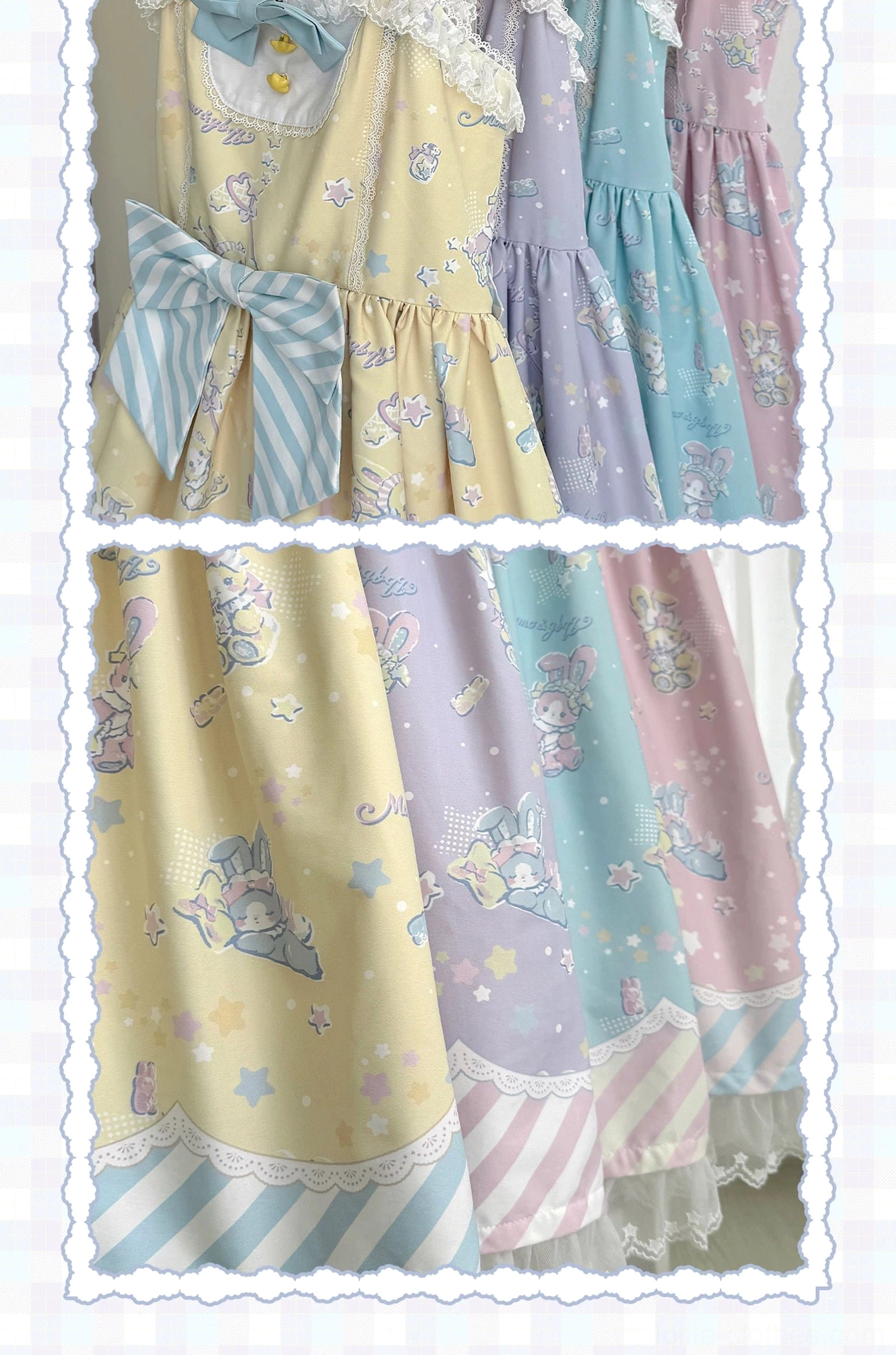 Close-up flat detail display shot of multiple colorways sweet Lolita jumper skirt showing star and bunny print patterns, striped hem trim, large back bow decorations, framed product showcase