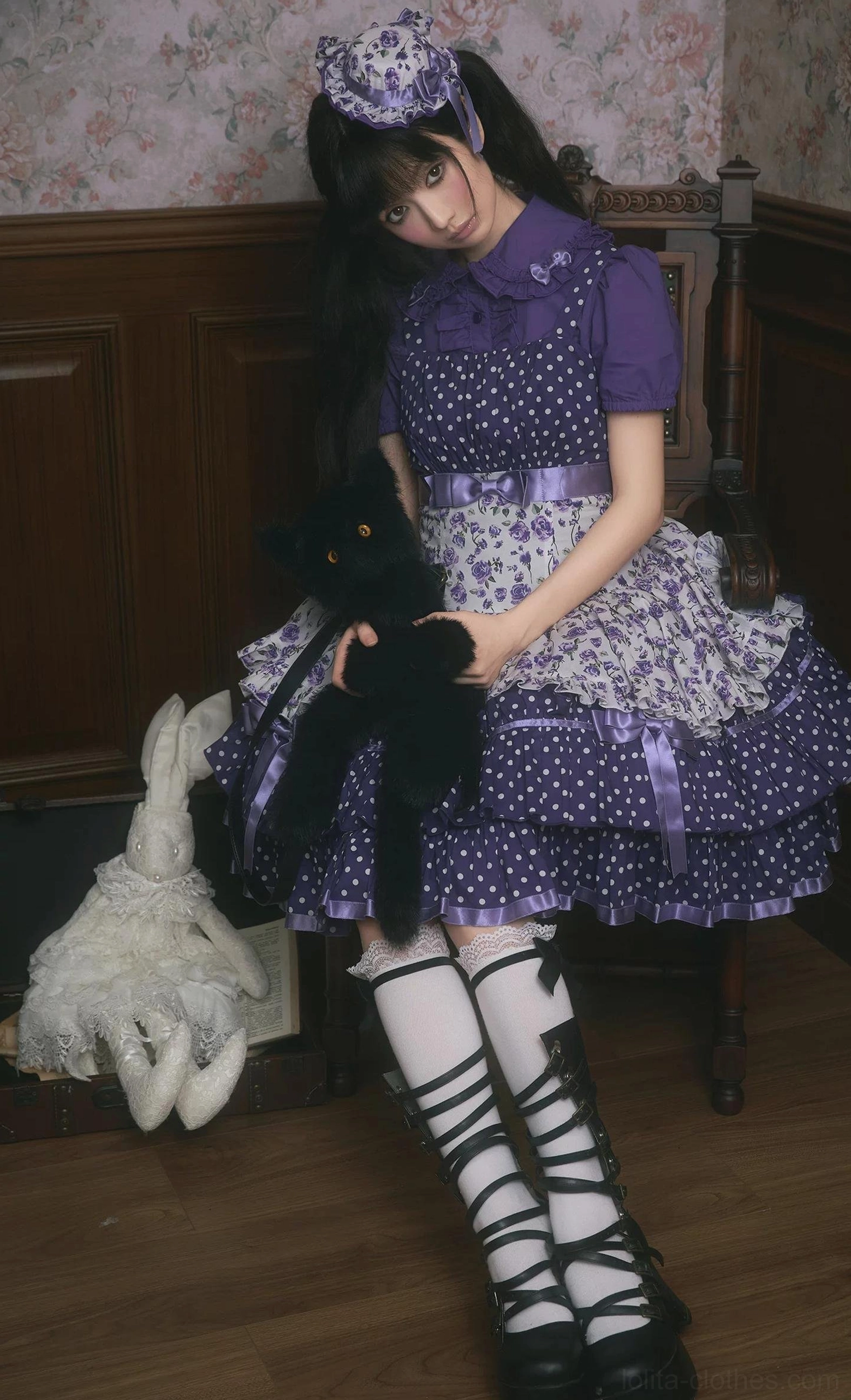 Old school Lolita JSK dress styled with matching Peter Pan collar blouse on vintage interior background, complete coordinate featuring hair accessories and period-appropriate styling suggestions