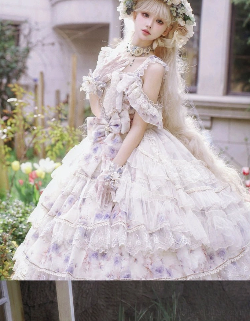 Additional detail view of lolita princess jsk dress showing chiffon fabric quality, floral print pattern, ruffle construction and overall romantic aesthetic suitable for lolita fashion coordination