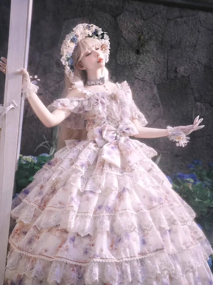 Size chart reference image for enchanted garden lolita jsk princess dress showing measurements in centimeters and inches for sizes s m l xl 2xl 3xl with fit guidance
