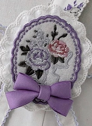 Lolita jsk dress coordinating purple brooch pin accessory, matching embellishment for floral print ensemble