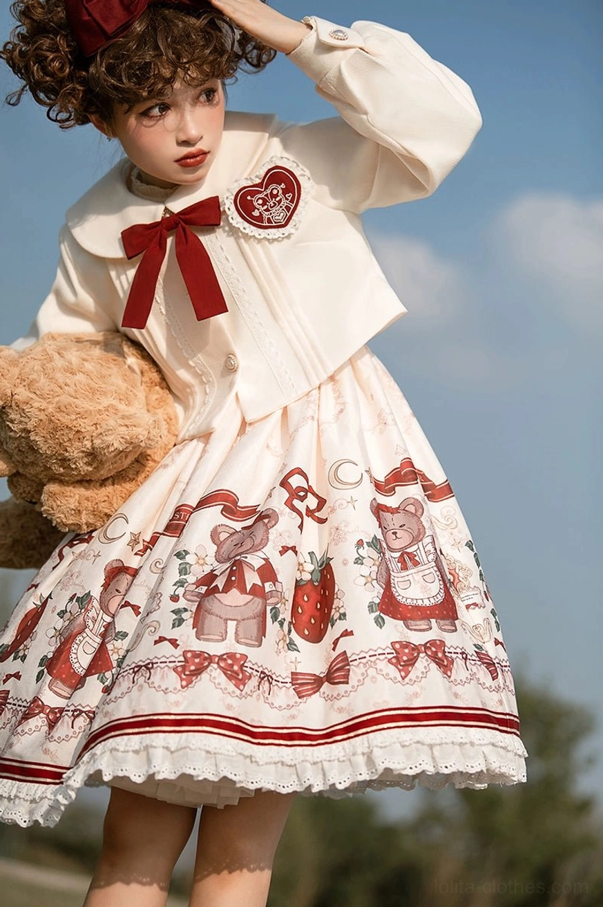 lolita jsk ruffled hemline detail close-up lace trim burgundy stripe border ivory base construction