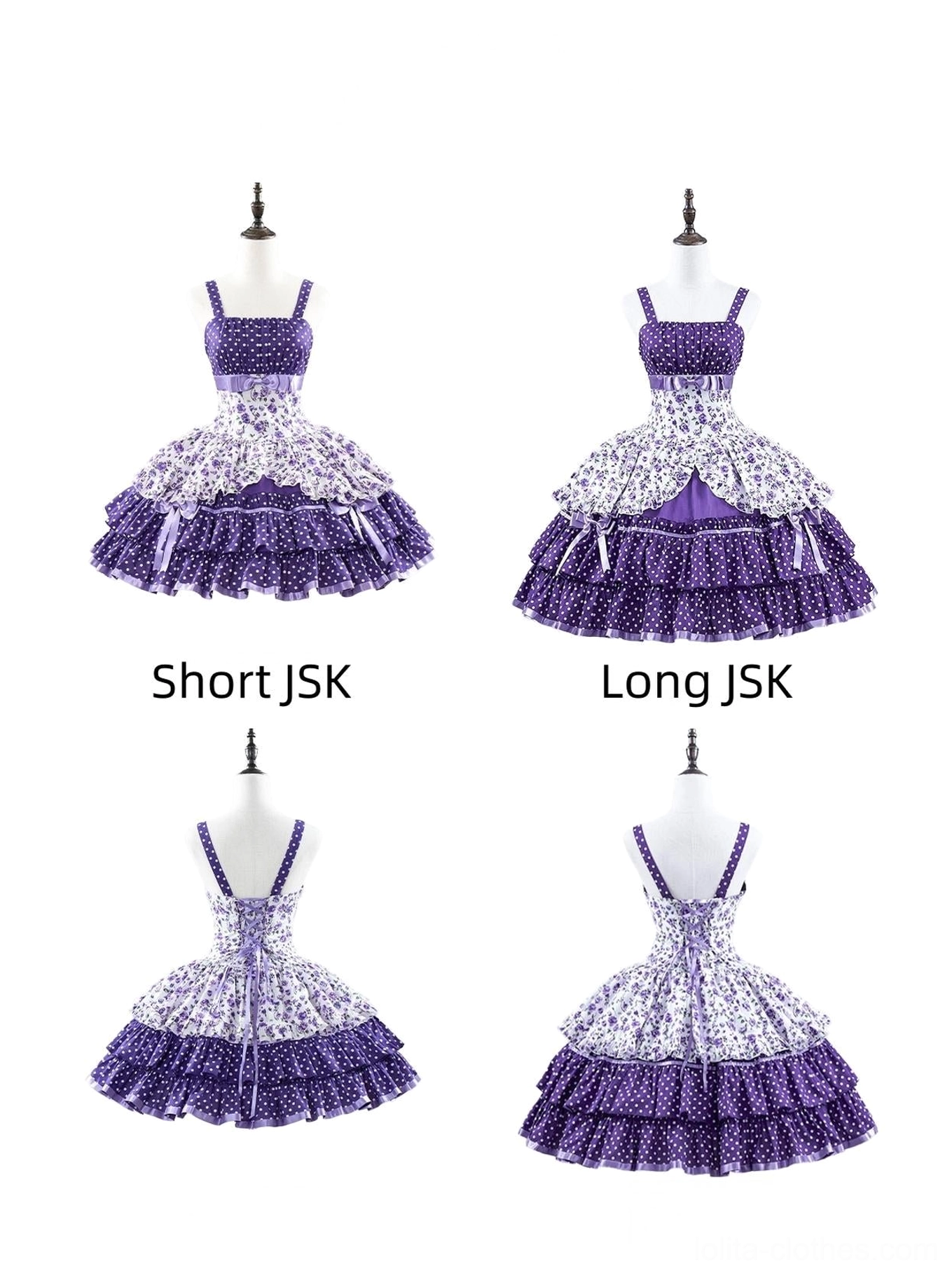 Old school Lolita JSK dress size chart reference showing measurements from S to 2XL in centimeters and inches, elastic bust and waist ranges, length specifications and fit guidance