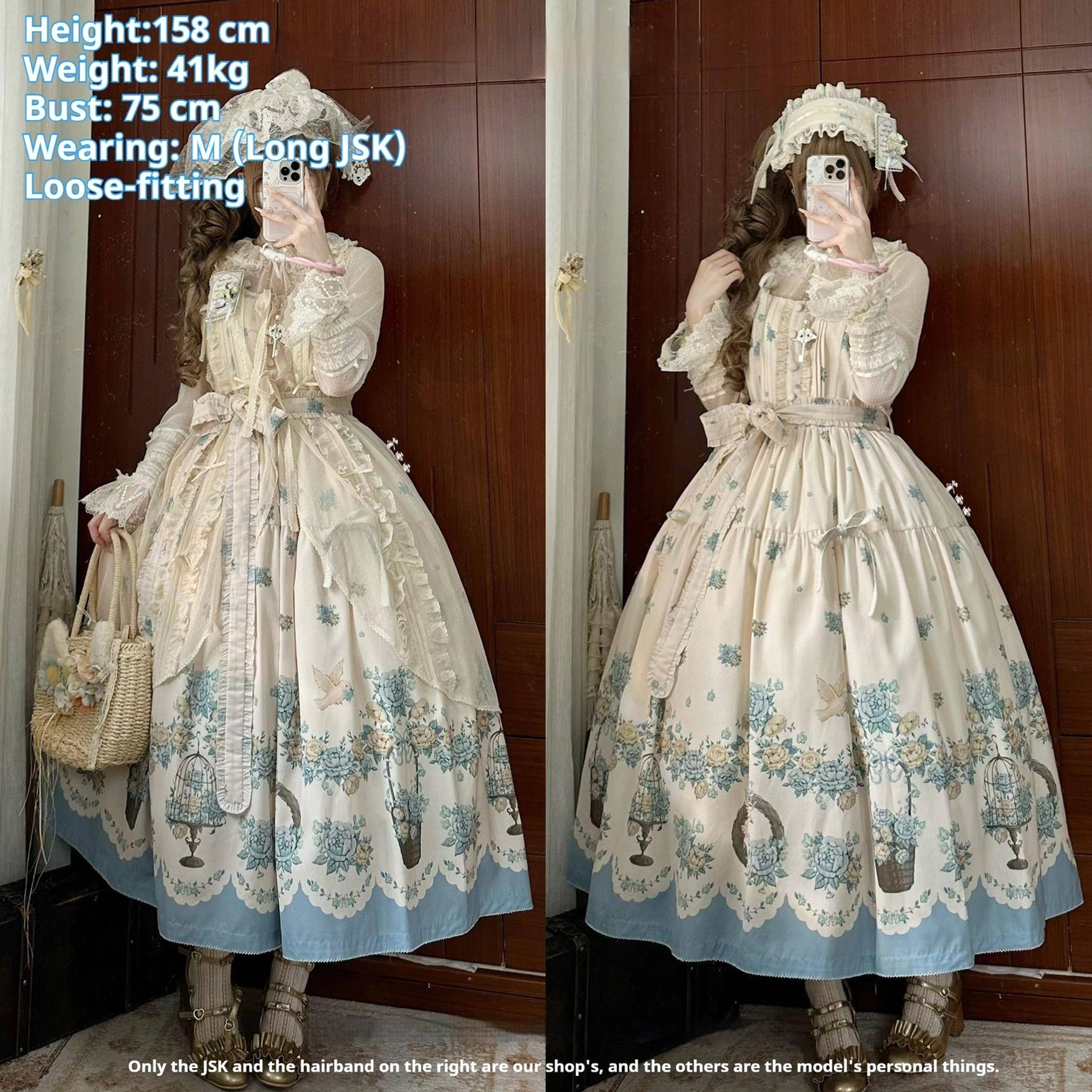 Lolita jsk floral dress styling guide showing proper coordination techniques and placement of accessories