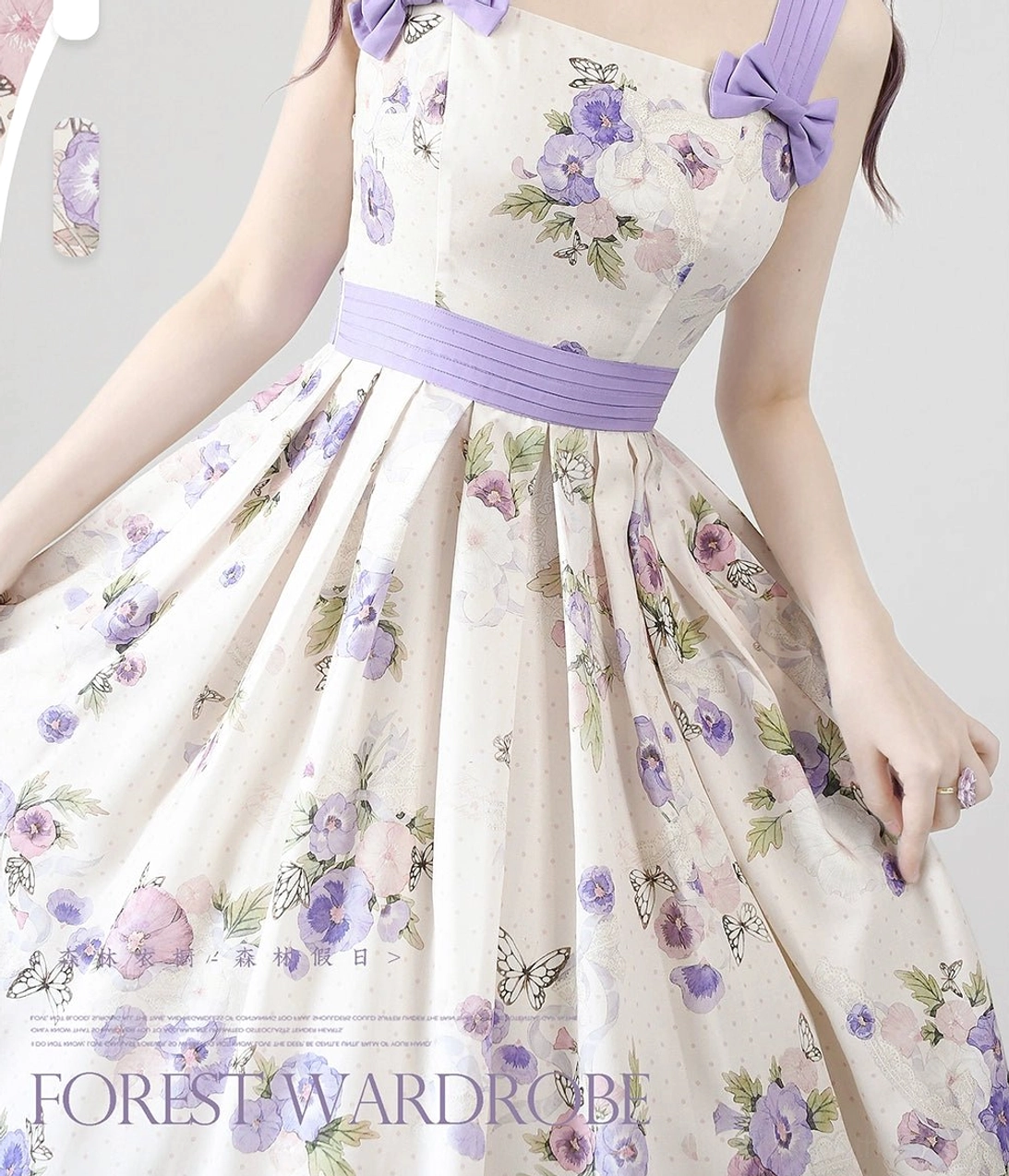 Waist shaping and belt design of lolita JSK dress showing waist sash detail, shirring back design, and flattering silhouette from side angle