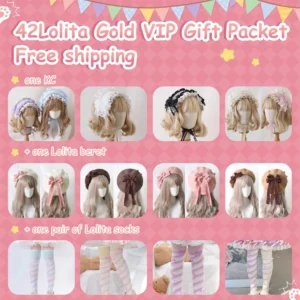 Lolita KC hair accessories collection featuring dual-color light blue lavender headband, classic white ruffled headdress, elegant black lace ribbon KC, and soft pink beige lace trim hairband displayed on blonde wig models and mannequin heads - sweet and gothic lolita hair clip styles
