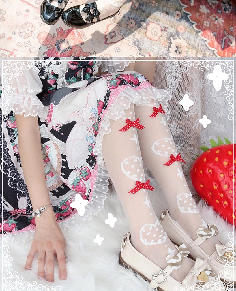 Color palette display of multiple Lolita knee sock designs with different bow and heart print combinations showing full style range available