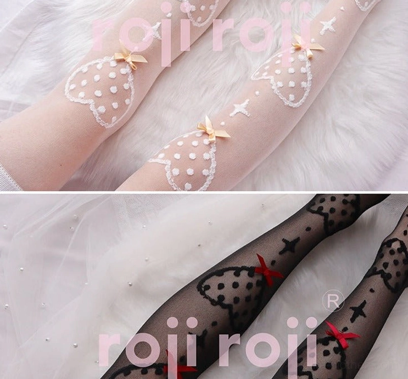 Detailed product showcase of ethereal sheer Lolita knee socks with polka dot heart print and decorative bows in various color options