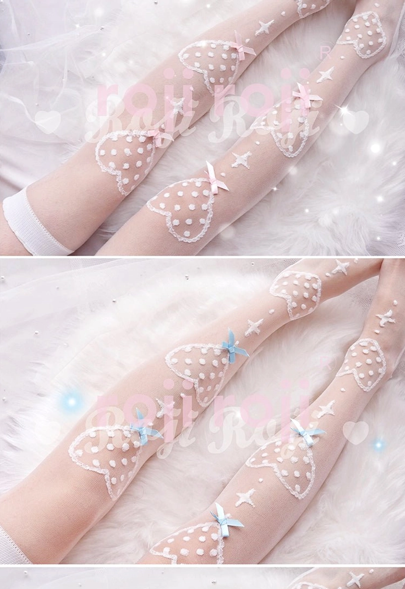 Flat lay comparison of two Lolita knee sock styles with red and blue bow heart print decorations and elasticated cuffs on neutral background