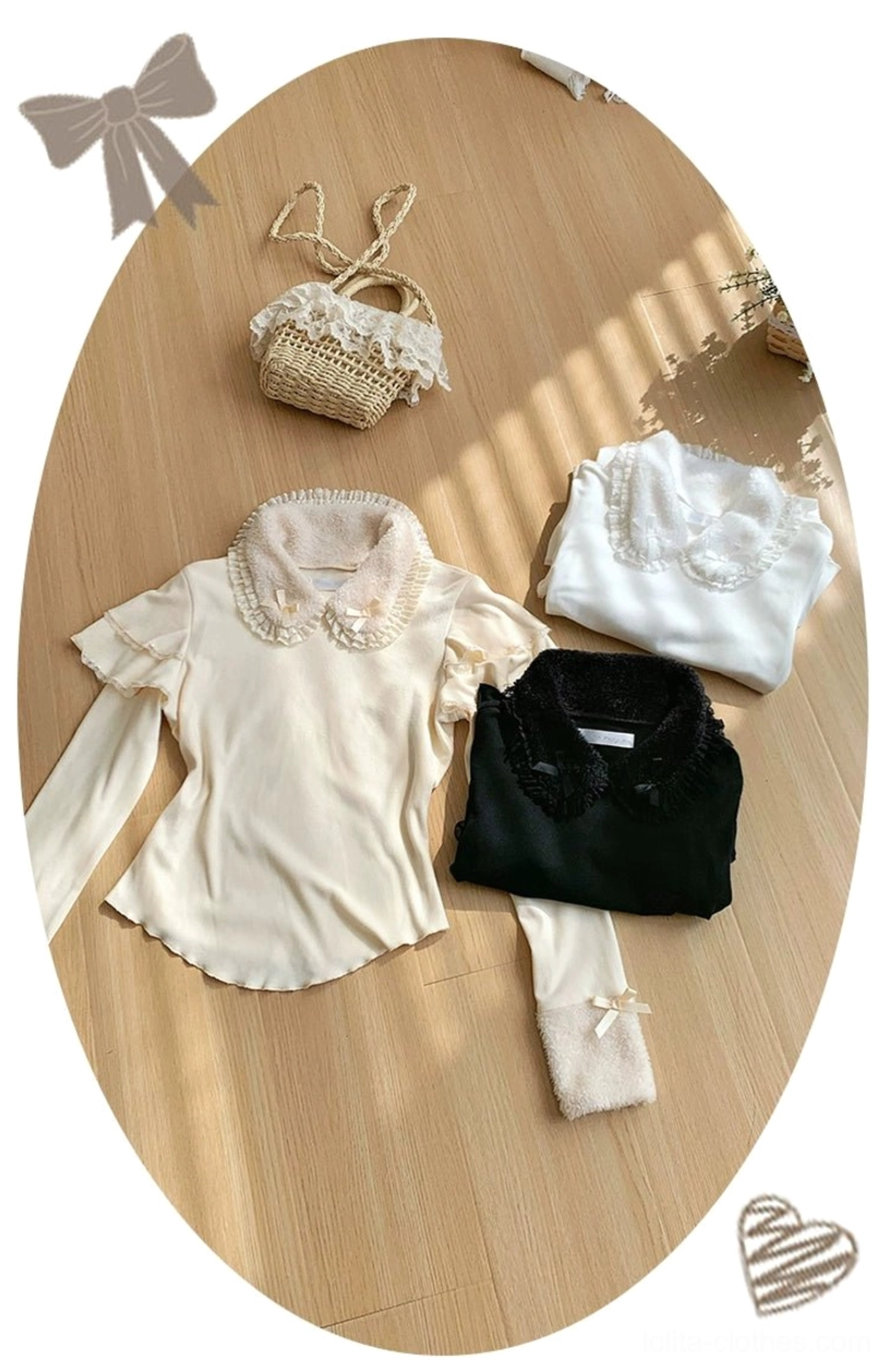 Three-color lolita knit sweater collection display showing white black and ivory options side by side