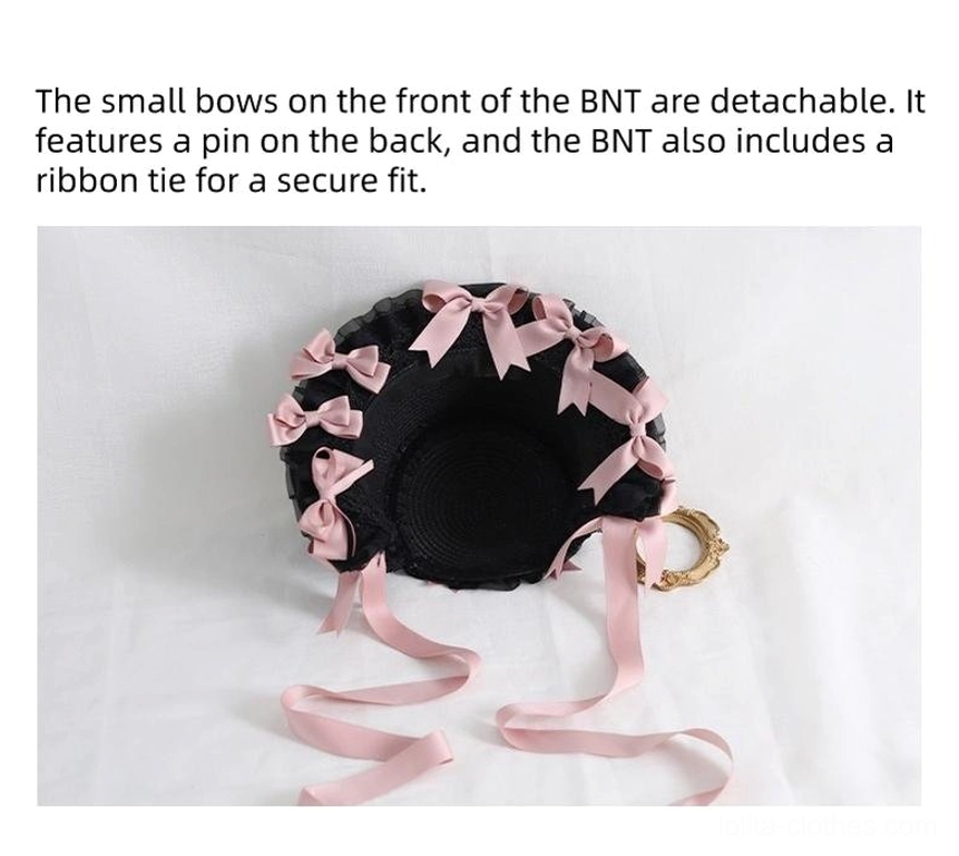Dark purple lolita bonnet side rear view with flowing purple ribbons and black ruffled lace trim styling