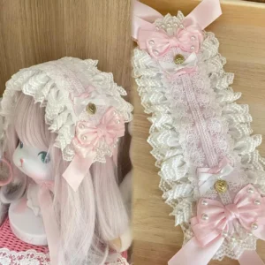 Lolita hair accessory flat lay and side view comparison, double-layer ruffled white lace bonnet, pink satin bows with pearl trim, gold heart pendants, handmade headdress styling