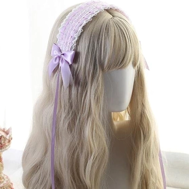 Red satin bow lolita hair accessory with white lace headband and vintage carousel background aesthetic