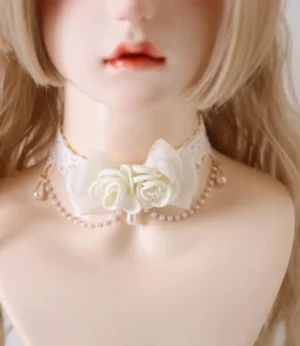 Elegant white lace camellia choker necklace on blonde mannequin, cream satin flowers with pearl chain details, version A beaded yarn bow style, front close-up view