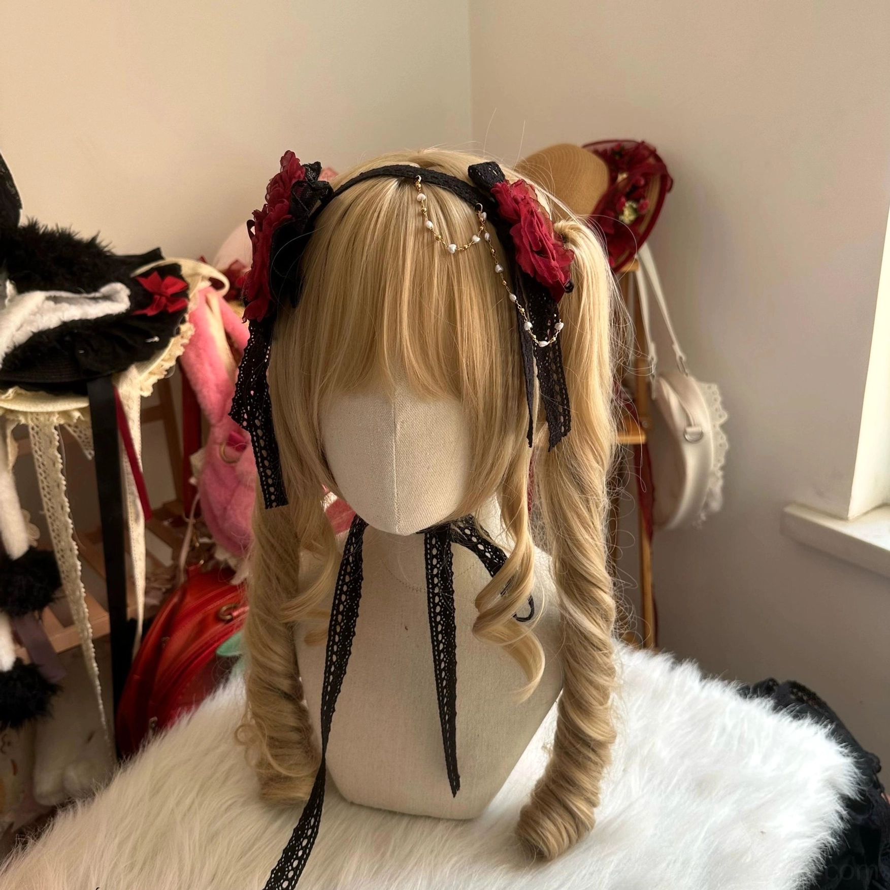 Detailed view of Lolita lace choker with three-dimensional rose embellishment and delicate pearl chain layers for elegant Victorian-inspired neckline