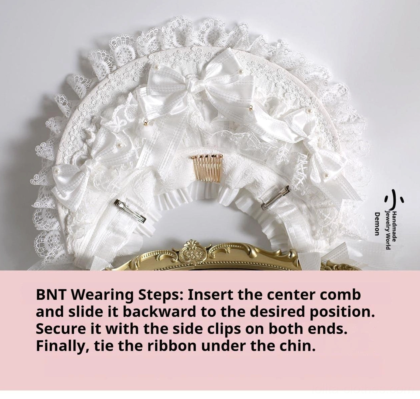 Lolita lace cuffs pair showing double-layer lace embroidery, elastic construction and fluffy pom-pom edge decoration
