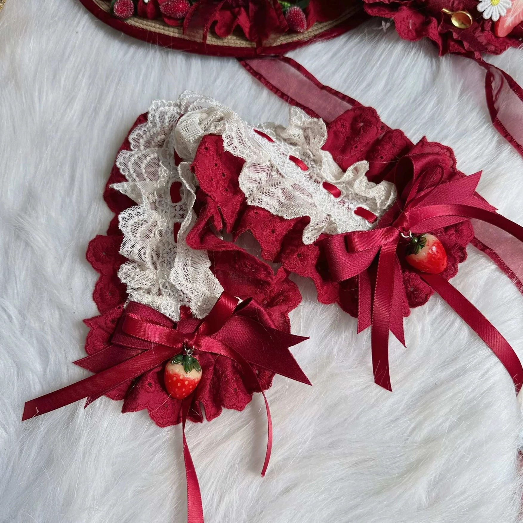 Lolita lace hairband and wrist cuffs with wine red satin bows strawberry pendants and ruffled fabric details