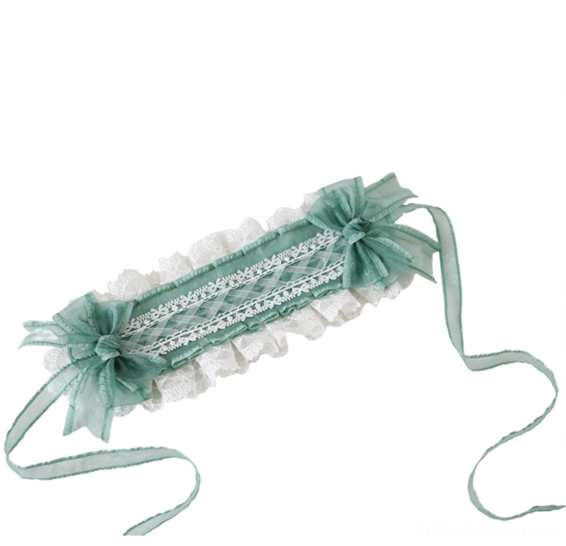 Lolita lace headdress collection showcase displaying all 10 color variations including white, pink, purple, blue, black, red and white, and green options