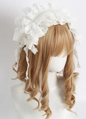 Lolita lace headdress front three-quarter view with curly blonde hair, off-white color, simple layered ruffled headband design with two side lace hanging straps without additional bow embellishments