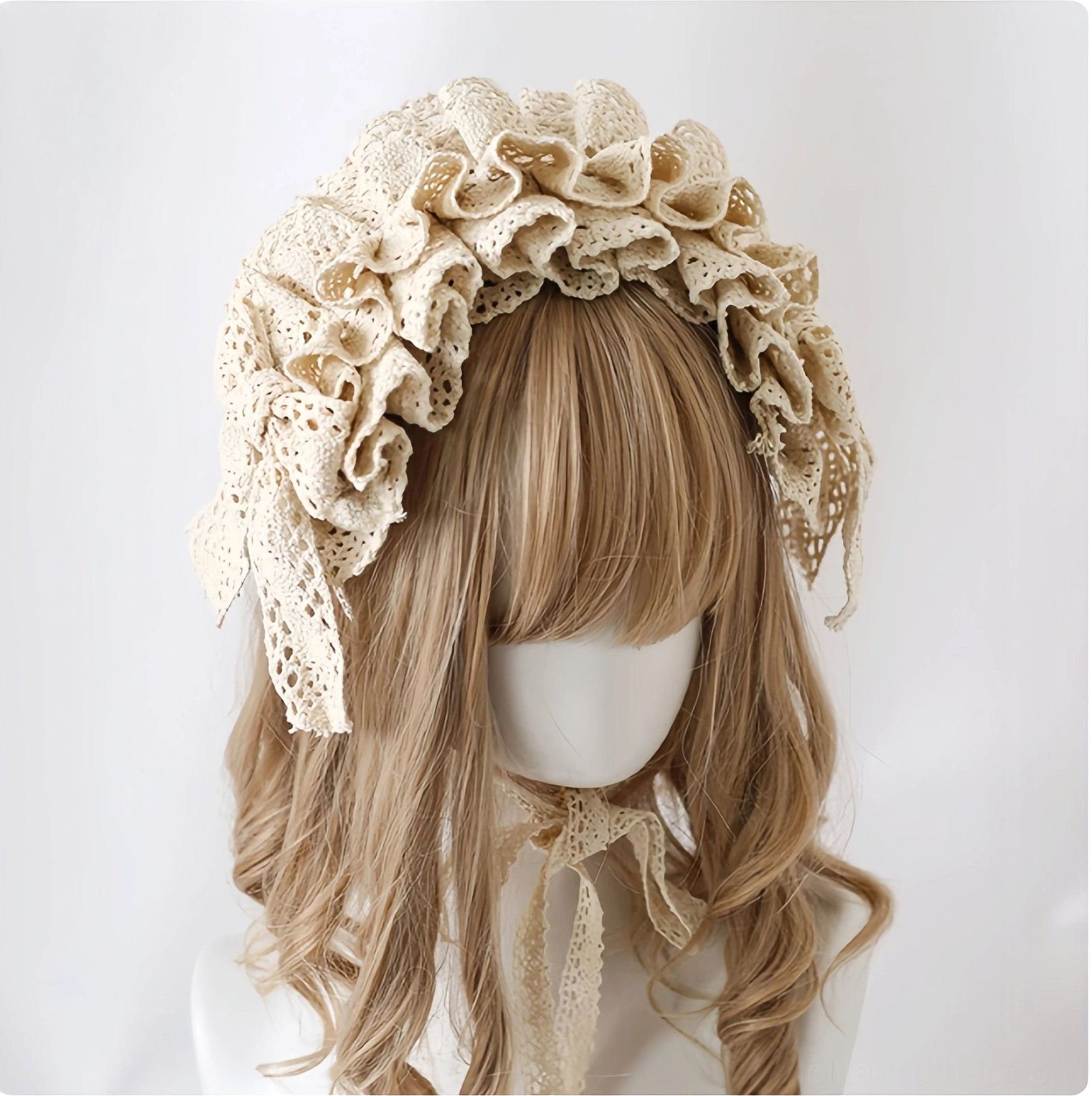 Lolita lace headdress styling guide showing how to wear with lolita outfits, demonstrating placement on different wig styles and coordinate examples with sweet lolita dresses