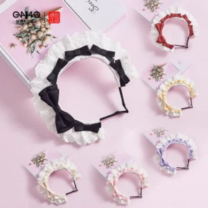 Multi-color lolita lace KC headbands flat lay display showing all seven color options including milk blue burgundy light pink light purple milky white cream yellow and black with delicate cotton lace trim and satin bows