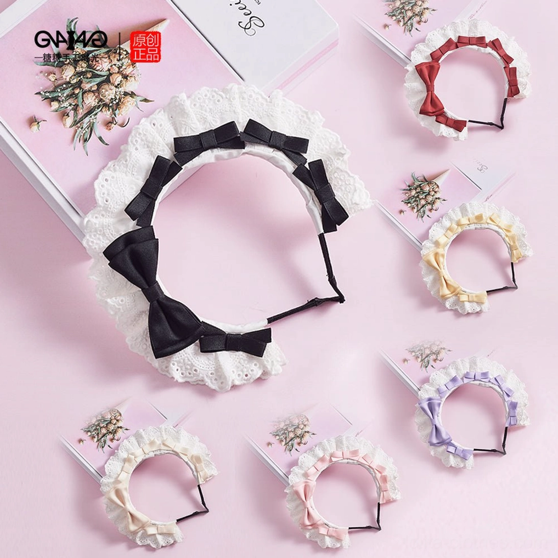 Multi-color lolita lace KC headbands flat lay display showing all seven color options including milk blue burgundy light pink light purple milky white cream yellow and black with delicate cotton lace trim and satin bows