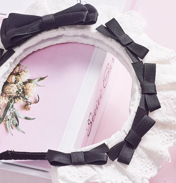 Complete lolita lace KC headband styling guide showing multi-bow arrangement contoured headband fit and delicate ruffled lace details for perfect coordination