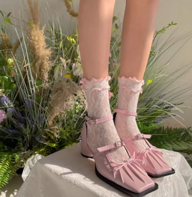Premium quality Lolita sheer lace ankle socks fabric close-up showing delicate floral pattern weave and ruffled cuff construction details