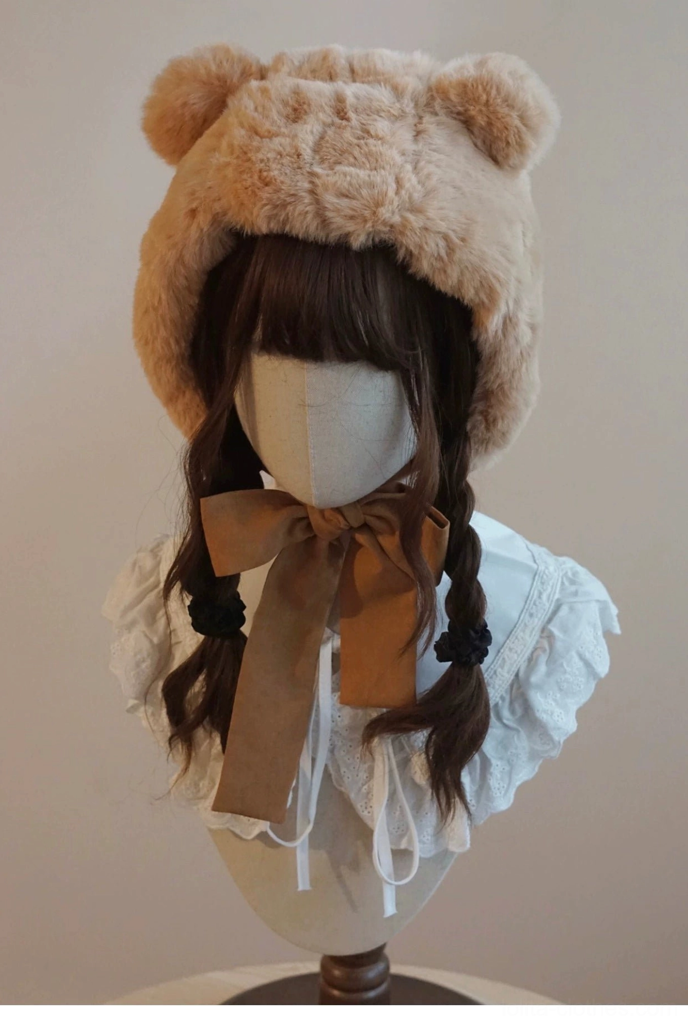 Lolita landlord beanie embroidered bear hat close-up showing detailed embroidery stitching quality