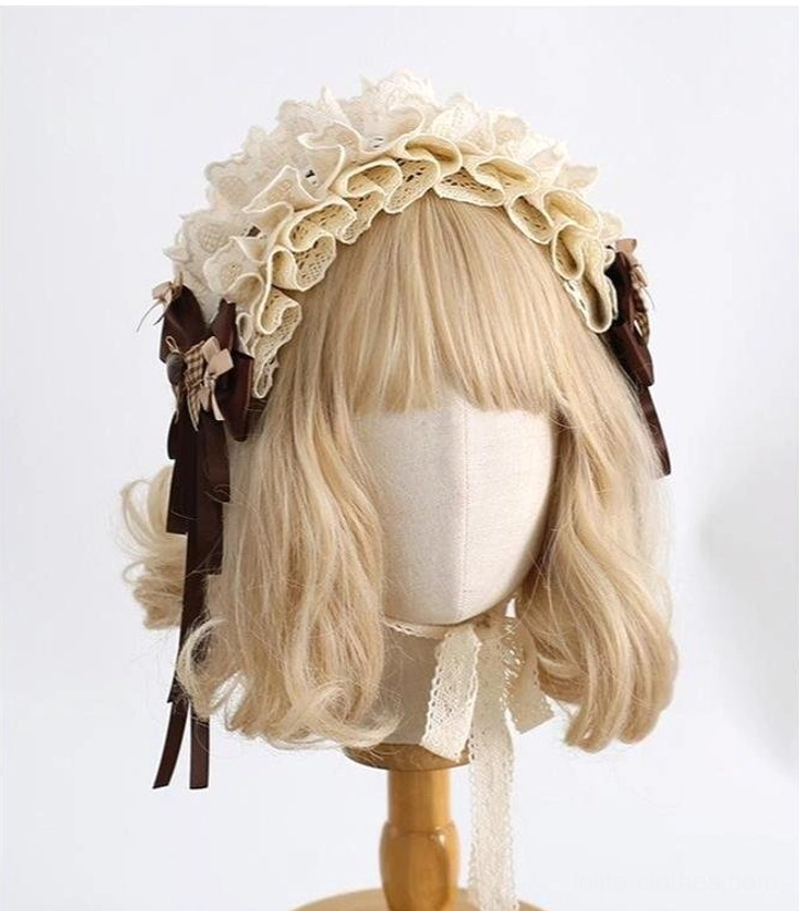 Basic lolita lace hair headband without animal ears displayed on mannequin showing layered cream ruffled lace construction with dark brown satin ribbon trim minimalist elegant design