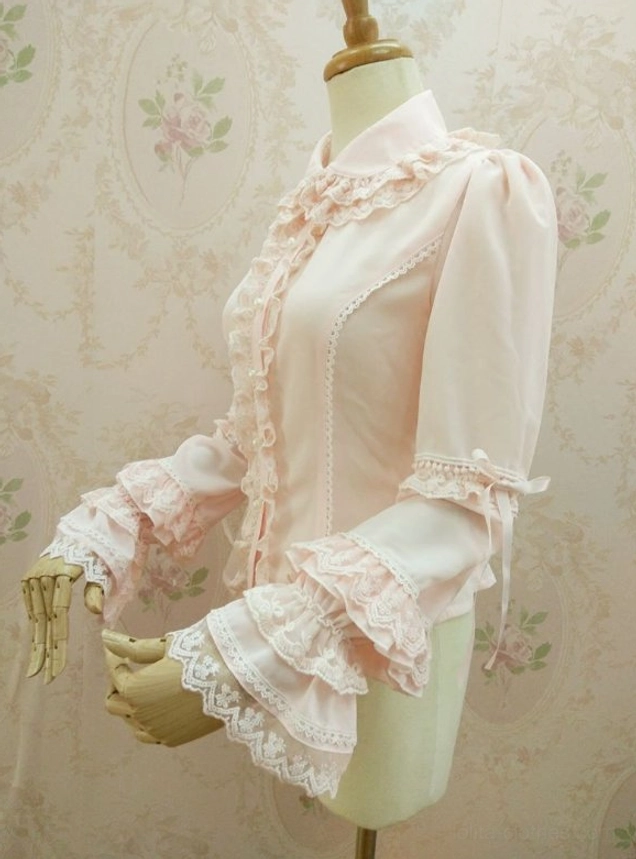 Lolita layered ruffle chiffon blouse right side full view delicate lace trims collar sleeves ribbon detail upper sleeve