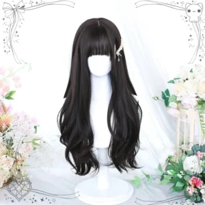 long curly lolita wig with air bangs cool brown color front view on white mannequin head with floral background