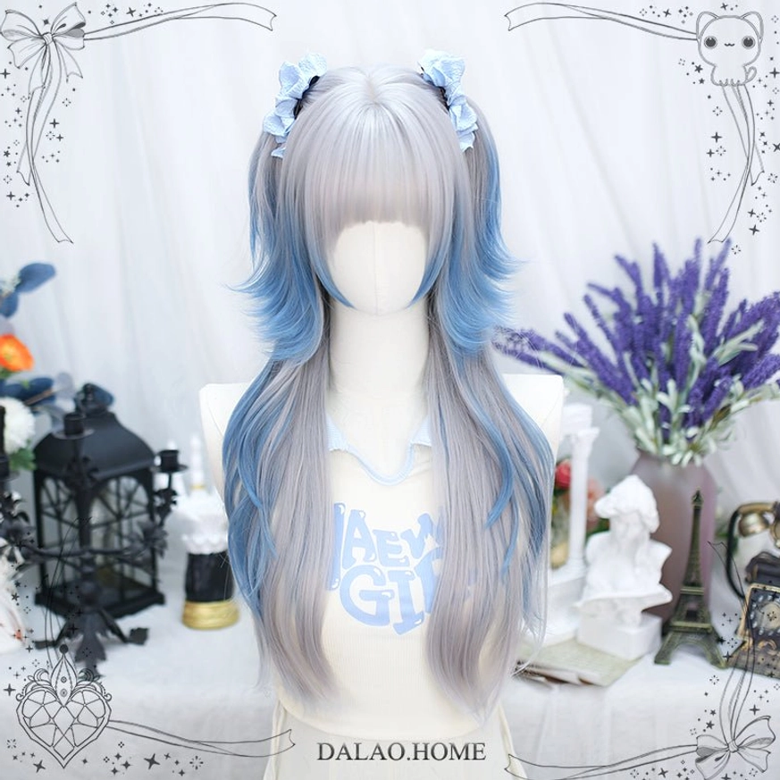 Right front three-quarter perspective of gray-blue ombre lolita wig with layered waves, blue flower hair clips, and voluminous long curly texture