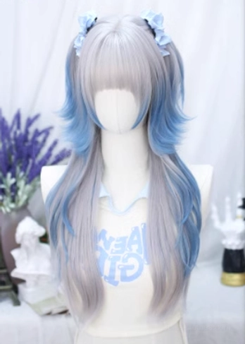 Front view of gray-blue ombre lolita wig with slightly shorter twin ponytail styling, blue flower clips, and dramatic ombre color effect