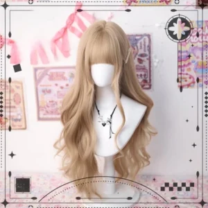 Long wavy lolita wig loose hair style light brown with air bangs and neat texture vintage cafe styling